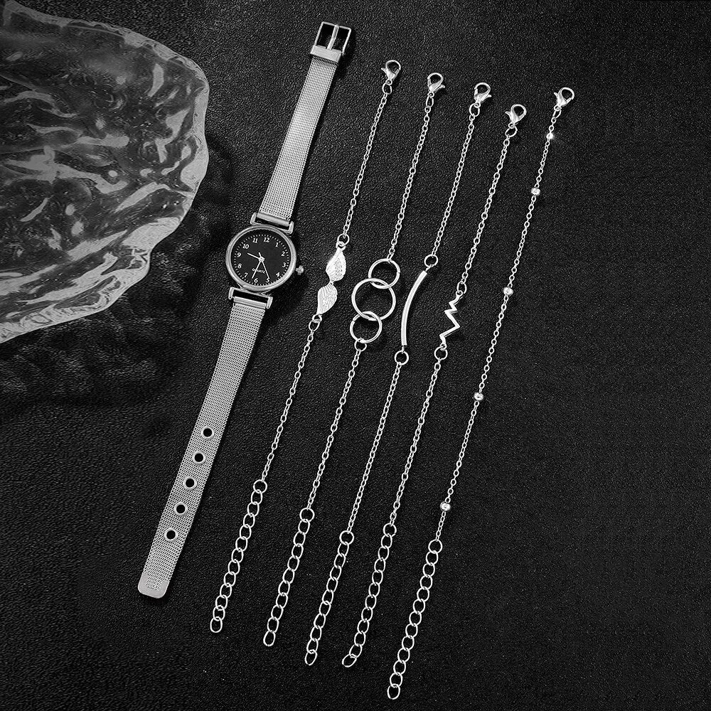 6pcs Set Women Watches Fashion Ladies Quartz Watch Bracelet Set Silvery Mesh Luxury Women Watches Dress Clock