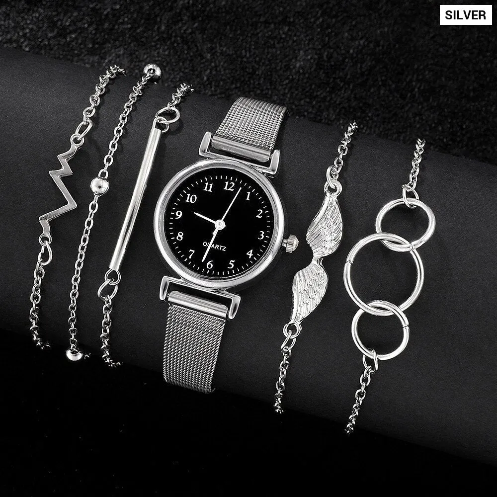 6pcs Set Women Watches Fashion Ladies Quartz Watch Bracelet Set Silvery Mesh Luxury Women Watches Dress Clock