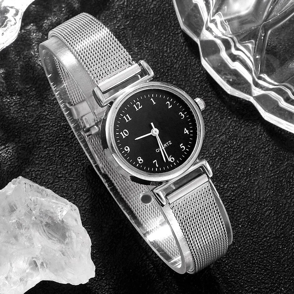 6pcs Set Women Watches Fashion Ladies Quartz Watch Bracelet Set Silvery Mesh Luxury Women Watches Dress Clock