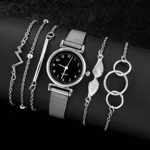 6pcs Set Women Watches Fashion Ladies Quartz Watch Bracelet Set Silvery Mesh Luxury Women Watches Dress Clock
