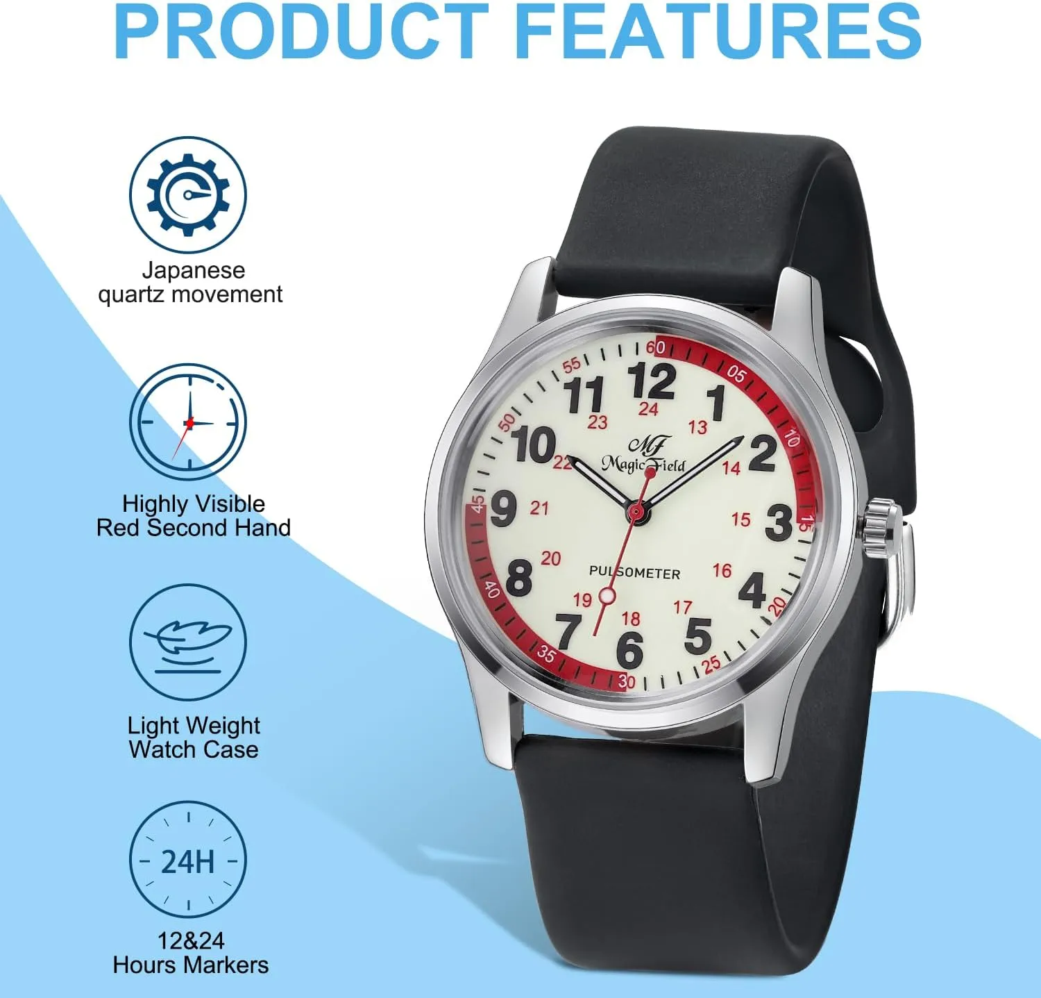 Nurse Watch for Nurse Doctors Medical Professionals Students Men Women Unisex Easy to Read Luminous Dial Second Hand Watch for Nurses Water Resistant Silicone Strap