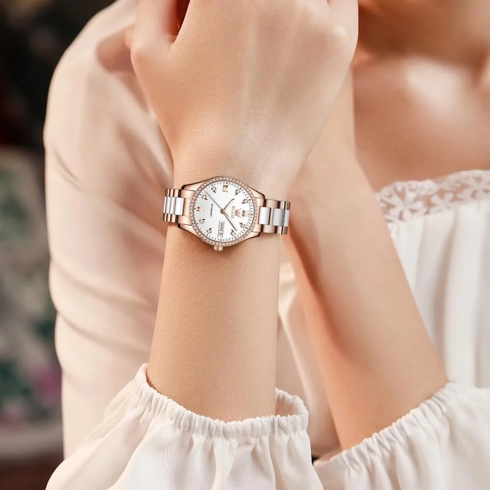 OLEVS Automatic Women Watches Diamond Tourbillon Dress Wrist Watches Moon Phase Waterproof Luminous