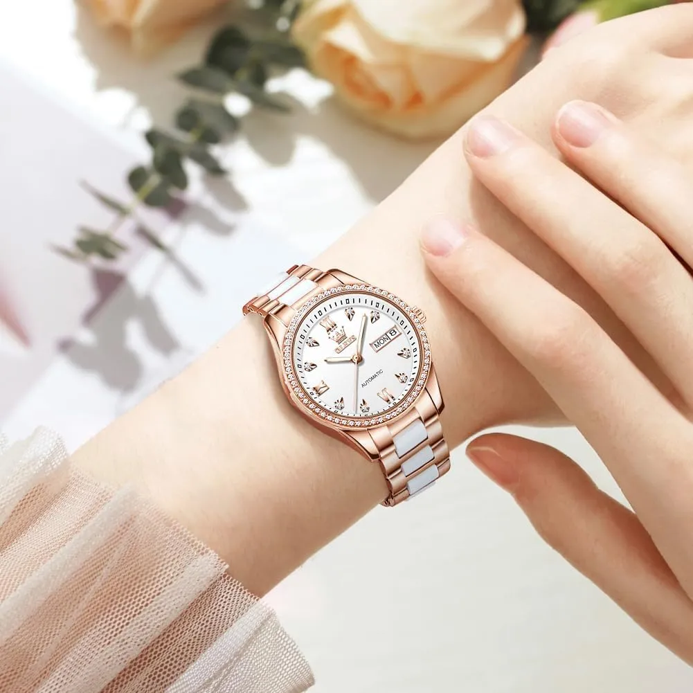OLEVS Automatic Women Watches Diamond Tourbillon Dress Wrist Watches Moon Phase Waterproof Luminous