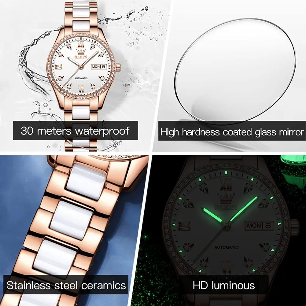 OLEVS Automatic Women Watches Diamond Tourbillon Dress Wrist Watches Moon Phase Waterproof Luminous