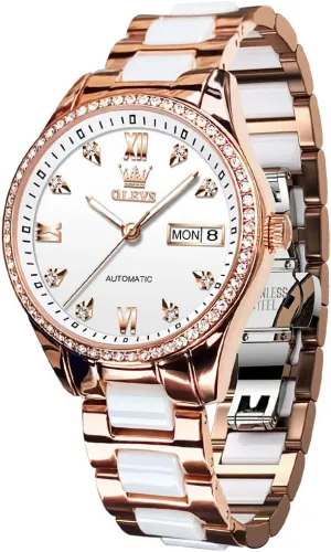 OLEVS Automatic Women Watches Diamond Tourbillon Dress Wrist Watches Moon Phase Waterproof Luminous