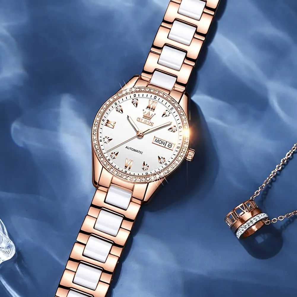 OLEVS Automatic Women Watches Diamond Tourbillon Dress Wrist Watches Moon Phase Waterproof Luminous